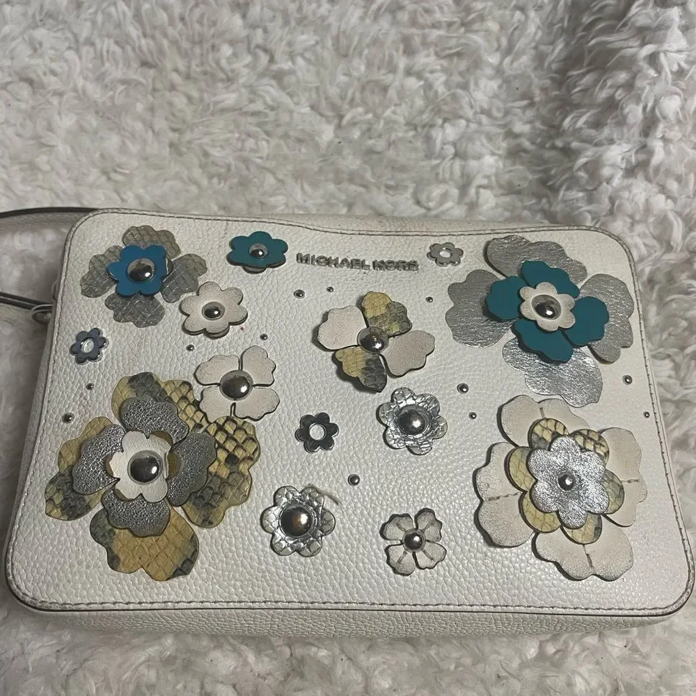 Michael Kors leather off White Floral  appliqué Crossbody Bag.